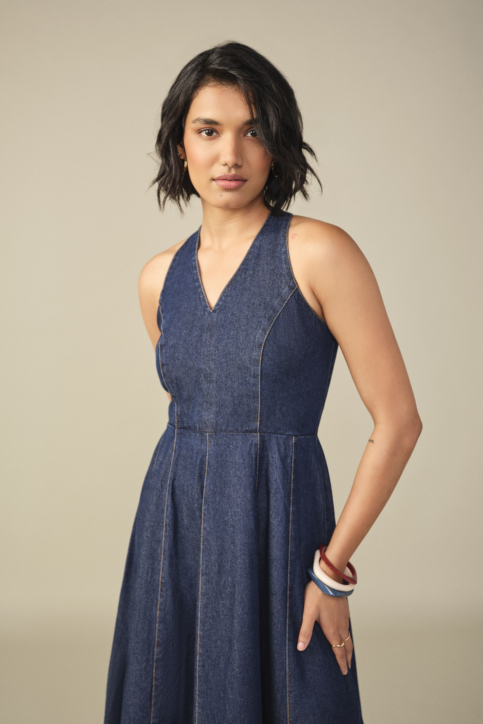 Panelled Denim Maxi Dress in Blue, Blue, image 3